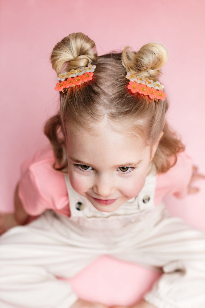 Barrette 4 Fleurs Rose Fluo - Luciole et Petit Pois