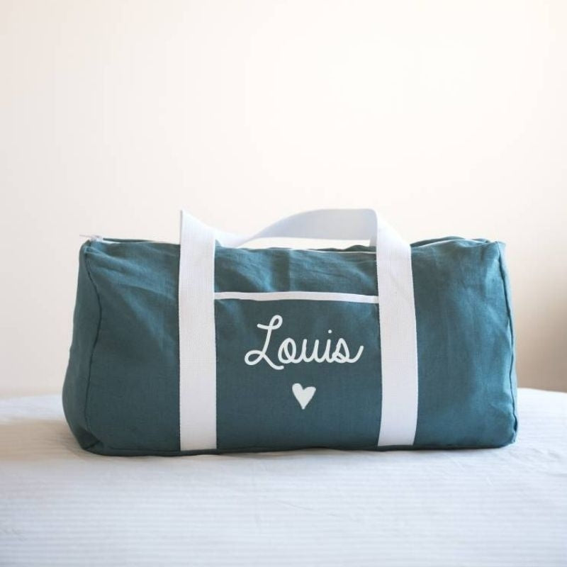 Sac Week-End Personnalisable en Lin Bleu Canard - Oh La La Paris