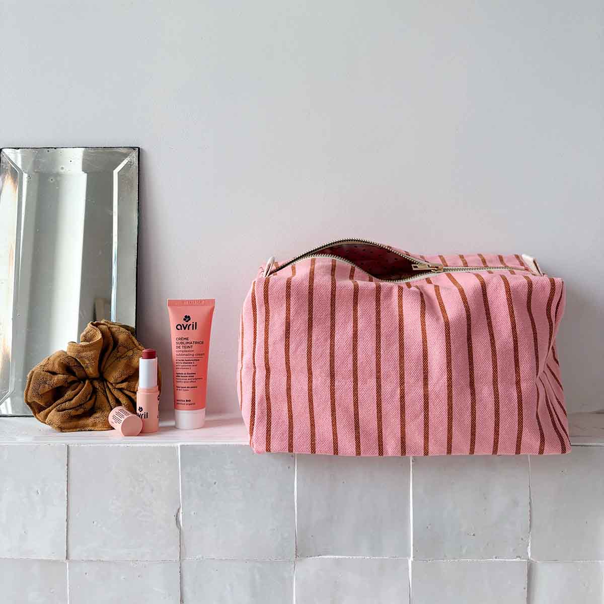 Trousse de Toilette Rayures Pecan / Strawberry - Rose In April